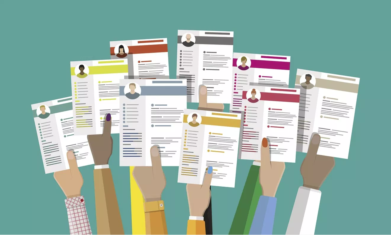 Illustration of people holding resumes and portfolios
