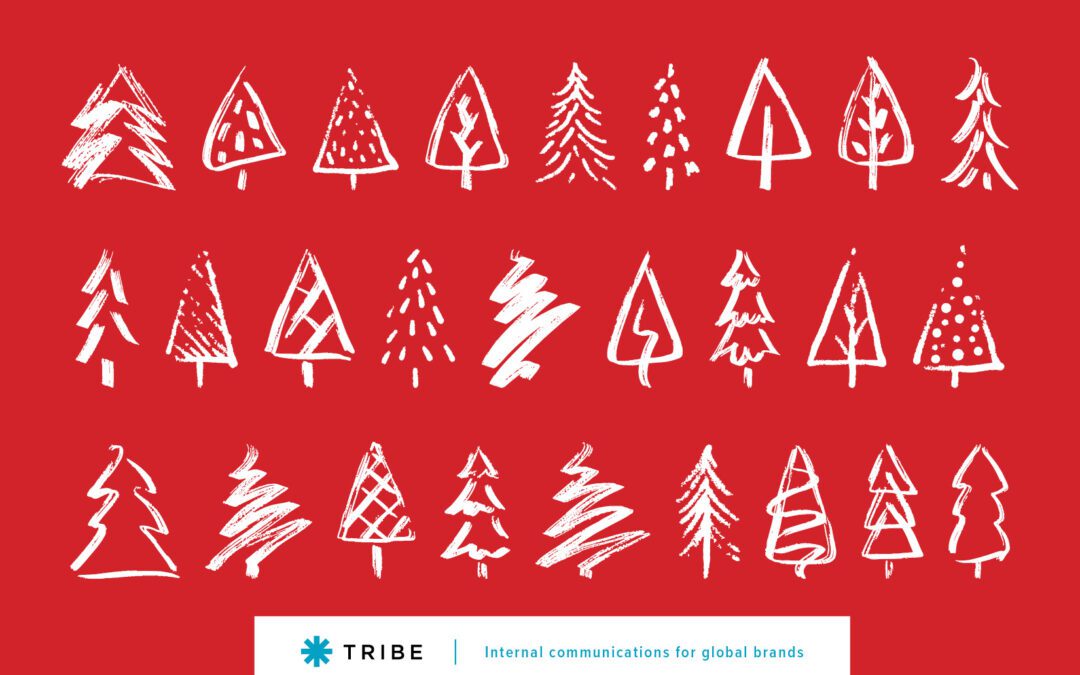 White Christmas tree sketches on red background with Tribe insignia, referencing the need to simplify internal comms for the holidays.